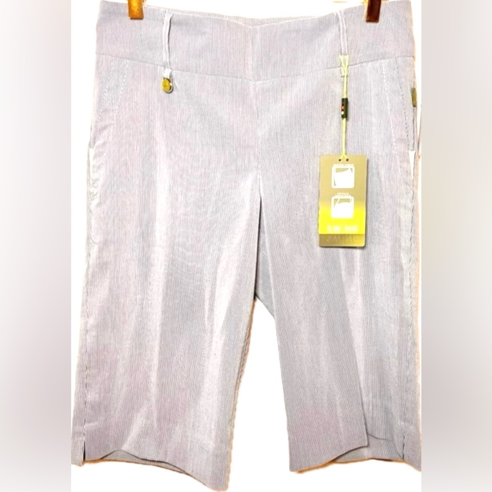 NWT NEW Swing Control Seersucker Blue Lines Bermuda Golf Shorts 12 Tummy Control
